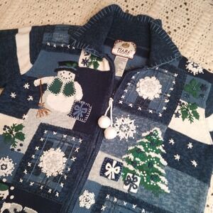 Tiara Christmas‎ Sweater Womens M Blue White Frosty Snowman Snow Zip Holiday Vtg